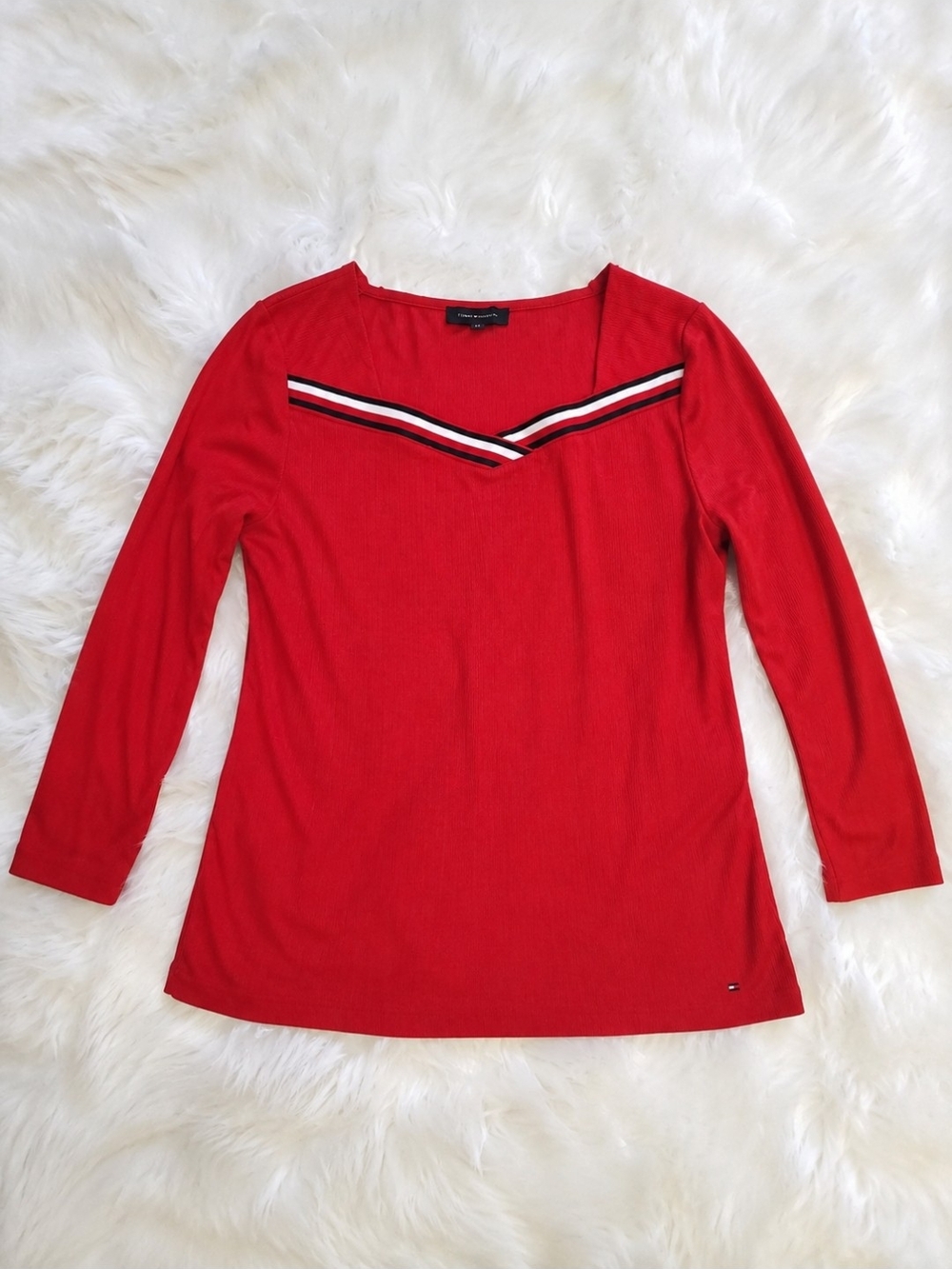 Tommy Hilfiger Red Long Sleeve Top with Striped V-Neck Trim